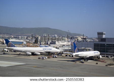 SAN FRANCISCO, CALIFORNIA - APRIL 13, 2014: United Airlines planes at the Terminal 3 in San Francisco International Airport.