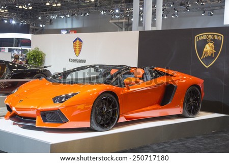 NEW YORK - APRIL 24, 2014: Lamborghini luxury sport car on display in New York. Automobili Lamborghini is an Italian brand and manufacturer of luxury sports cars