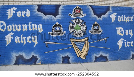 NEW YORK - JULY 24, 2014: Mural in memory of fallen firefighters Harry Ford and Brian Fahey during Fathers Day fire on June 17, 2001 in Astoria section of Queens.