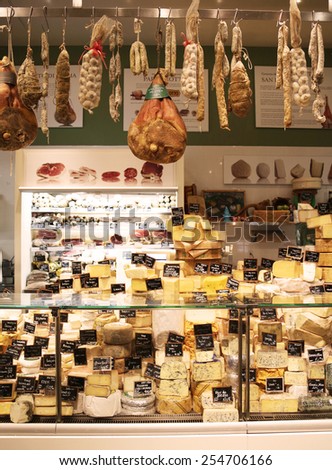 NEW YORK - JUNE 29, 2014: Cured meat, salami and artisan cheeses in Italian store in New York. Little Italy is a neighborhood in lower Manhattan once known for its large population of Italians