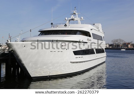 BROOKLYN, NEW YORK - MARCH 19, 2015: Luxury Atlantis Yacht Charter on Sheeprshead Bay Marina in Brooklyn