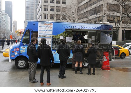 NEW YORK - MARCH 26, 2015: Greek food truck in Midtown Manhattan. There are about 4,000 mobile food vendors licensed by the city