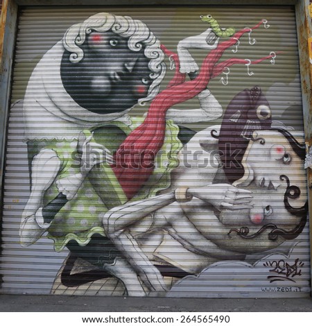 NEW YORK - MARCH 24, 2015: Mural art in Astoria section of Queens. A mural is any piece of artwork painted or applied directly on a wall, ceiling or other large permanent surface
