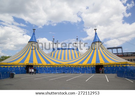 NEW YORK - MAY 18, 2014: Cirque du Soleil circus tent at Citi Field in New York. It is a Canadian entertainment company, a mix of circus arts and street entertainment based in Montreal