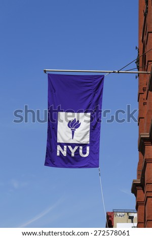 NEW YORK - APRIL 18, 2015: NYU flag on historic Puck Building  at Wagner Graduate School of Public Service in Lower Manhattan