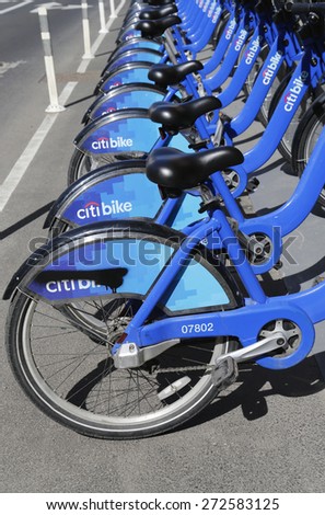 NEW YORK - APRIL 16, 2015: Citi bike station in Manhattan. NYC bike share system started in Manhattan and Brooklyn on May 27, 2013