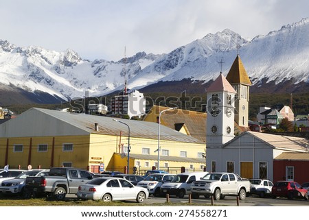 USHUAIA, ARGENTINA - APRIL 2, 2015: City view with Our Lady of Mercy Church in \
Ushuaia, Argentina