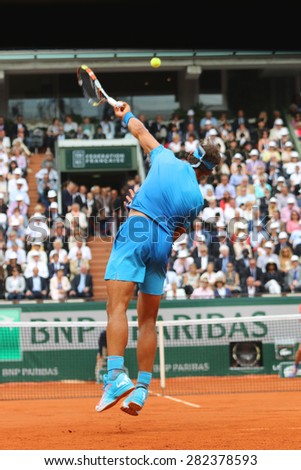 PARIS, FRANCE- MAY 26, 2015:Fourteen times Grand Slam champion Rafael Nadal during first round match at Roland Garros 2015 in Paris, France