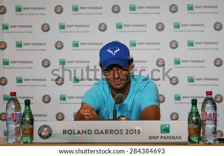 PARIS, FRANCE- MAY 30, 2015: Fourteen times Grand Slam champion Rafael Nadal during press conference after third round match at Roland Garros 2015 in Paris, France