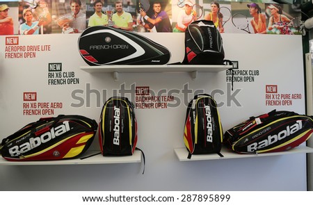 PARIS, FRANCE- MAY 23, 2015: Babolat Aero Pro bags collection at Le Stade Roland Garros in Paris, France. Babolat is an Official Partner of the tournament and provides racquets, balls, strings