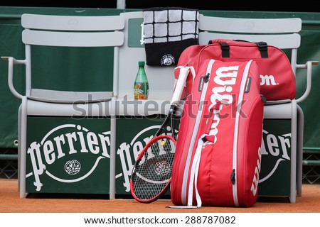 PARIS, FRANCE- MAY 29, 2015: Wilson racquet and  tennis bag at Le Stade Roland Garros in Paris.