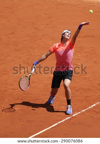 PARIS, FRANCE- MAY 30, 2015: Professional tennis player Thanasi Kokkinakis of Australia in action during his third round match at Roland Garros 2015 in Paris, France