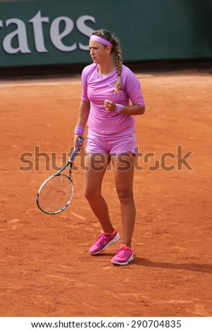 PARIS, FRANCE- MAY 29, 2015:Two times Grand Slam champion Victoria Azarenka of Belarus during second round match at Roland Garros 2015 in Paris, France