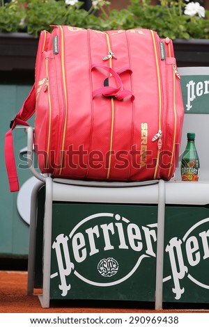 PARIS, FRANCE- MAY 28, 2015: Nineteen times Grand Slam champion Serena Willams personalized Wilson tennis bag at Roland Garros 2015 in Paris, France