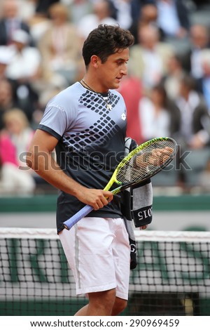 PARIS, FRANCE- MAY 28, 2015 :Professional tennis player Nicolas Almagro of Spain in action during his second round match at Roland Garros 2015 in Paris, France