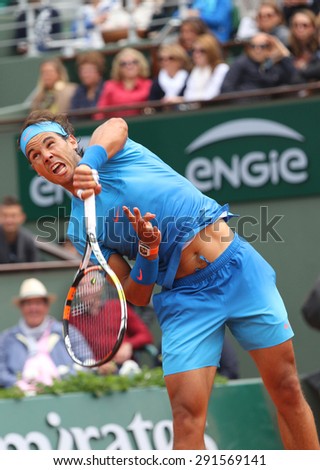 PARIS, FRANCE- MAY 30, 2015:Fourteen times Grand Slam champion Rafael Nadal in action during his third round match at Roland Garros 2015 in Paris, France