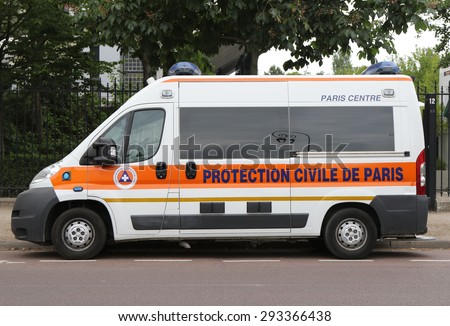PARIS, FRANCE- MAY 26, 2015: Protection Civile de Paris van in Paris. The Civil Protection Paris is an association affiliated to the National Federation of Civil Protection  recognized charity.