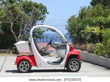 ST BARTHS, FRENCH WEST INDIES - JUNE 12, 2015: GEM E2 electrical car at St Barths. GEM is a US manufacturer in the low-speed vehicle category, producing electric vehicles since 1998