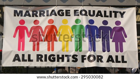 NEW YORK - JULY 5, 2015: Marriage equality banner in Manhattan. The Supreme Court legalized gay marriage nationwide on June 26, 2015 in a historic 5-4 decision