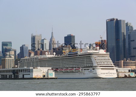 NEW YORK CITY - JULY 5, 2015: Norwegian Breakaway Cruise Ship docked in Midtown Manhattan. Newest Norwegian Cruise Line Ship is the world\'s eighth largest cruise ship start voyages on May 12, 2013
