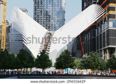 NEW YORK - JULY 11, 2015: Construction of the World Trade Center Transportation Hub designed by Santiago Calatrava continues in Manhattan