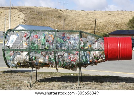 SAN SEBASTIAN, ARGENTINA - APRIL 3, 2015: Recycle bin in Tierra del Fuego at San Sebastian, Argentina
