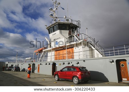 THE STRAIT OF MAGELLAN, CHILE - APRIL 3, 2015: A board of Fueguino ferry at Bahia Azul, Chile. The ferry is the only way to cross the Straits of Magellan to join the islands of Tierra del Fuego
