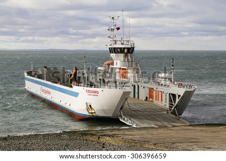 THE STRAIT OF MAGELLAN, CHILE - APRIL 3, 2015: Fueguino ferry at Bahia Azul, Chile. The ferry is the only way to cross the Straits of Magellan to join the islands of Tierra del Fuego