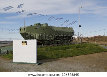 RIO GRANDE, ARGENTINA - APRIL 3, 2015: Armored military vehicle at the monument to fallen soldiers of Falklands  or Malvinas war in Rio Grande, Argentina