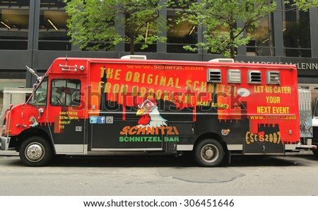 NEW YORK - JULY 9, 2015: Schnitzel bar food truck in Midtown Manhattan. There are about 4,000 mobile food vendors licensed by the city
