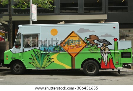 NEW YORK - JULY 9, 2015: Atlixco Mexican food truck in Midtown Manhattan. There are about 4,000 mobile food vendors licensed by the city
