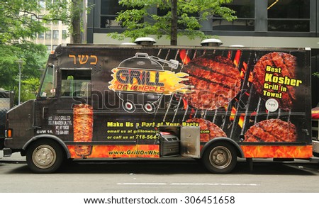 NEW YORK - JULY 9, 2015: Grill on wheels food truck in Midtown Manhattan. There are about 4,000 mobile food vendors licensed by the city