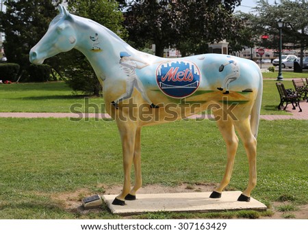 CEDARHURST, NEW YORK -  AUGUST 6, 2015: Horse sculpture with mural in memory of Mets win 1986 World Series in Long Island