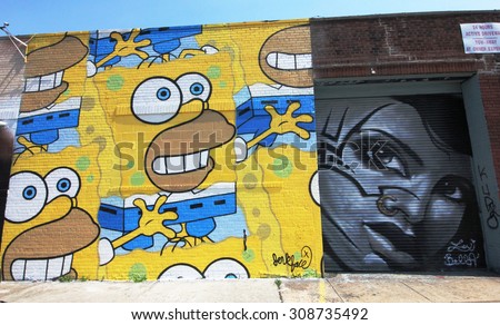 NEW YORK - AUGUST 1, 2015: Mural art at East Williamsburg in Brooklyn. Outdoor art gallery known as the Bushwick Collective has most diverse collection of street art in Brooklyn
