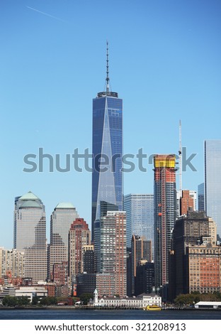 NEW YORK - SEPTEMBER 24, 2015: Lower Manhattan skyline panorama. Freedom Tower is the tallest building in the Western Hemisphere and the third-tallest building in the world