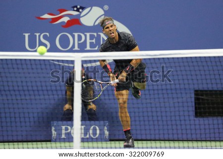 NEW YORK - AUGUST 31, 2015: Fourteen times Grand Slam Champion Rafael Nadal of Spain in action during his opening match at US Open 2015 at Billie Jean King National Tennis Center in New York