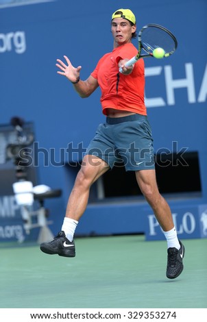 NEW YORK - AUGUST 29, 2013: Twelve times Grand Slam champion Rafael Nadal of Spain practices for US Open 2013 at Arthur Ashe Stadium at Billie Jean King National Tennis Center in New York