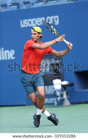 NEW YORK - AUGUST 29, 2013: Twelve times Grand Slam champion Rafael Nadal of Spain practices for US Open 2013 at Arthur Ashe Stadium at Billie Jean King National Tennis Center in New York