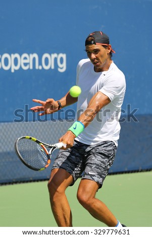 NEW YORK - AUGUST 27, 2015: Fourteen times Grand Slam Champion Rafael Nadal of Spain practices for US Open 2015 at Billie Jean King National Tennis Center in New York