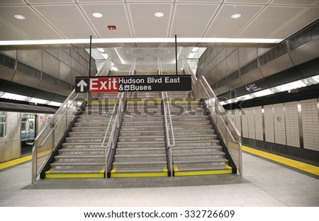 NEW YORK - OCTOBER 22, 2015:34 Street -Hudson Yards Subway station interior design in NY. The new 34th Street Hudson Yards line 7 extension is the first new subway station built by the MTA in 26 years