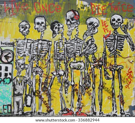 NEW YORK - NOVEMBER 8, 2015: Mural art at East Williamsburg in Brooklyn. Outdoor art gallery known as the Bushwick Collective has most diverse collection of street art in Brooklyn