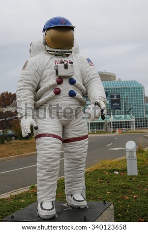 GARDEN CITY, NEW YORK - NOVEMBER 5, 2015: NASA space suit on display in the front of the Cradle of Aviation Museum in Garden City