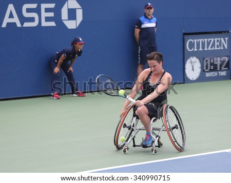 NEW YORK - SEPTEMBER 12, 2015: Tennis player Aniek Van Koot of Netherlands in action during Wheelchair Quad Singles semifinal match at US OPEN 2015 at Billie Jean King National Tennis Center in NY