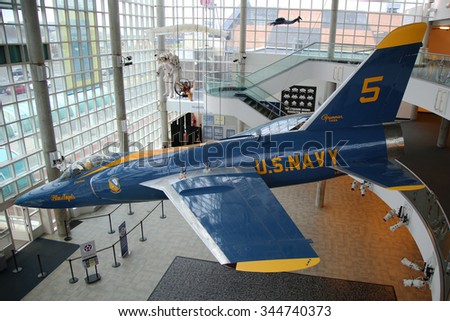 GARDEN CITY, NEW YORK - NOVEMBER 5, 2015: Blue Angels Grumman F-11 Tiger on display at the Cradle of Aviation Museum in Garden City
