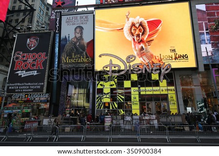 NEW YORK - DECEMBER 13, 2015: Broadway signs in Manhattan. With over 40 prominent theater houses, Broadway theater is considered one of the world's highest levels of commercial theater