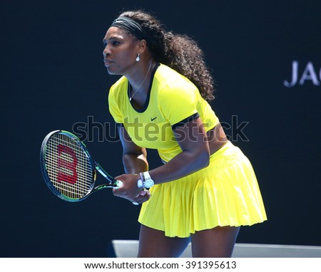 MELBOURNE, AUSTRALIA - JANUARY 26, 2016: Twenty one times Grand Slam champion Serena Williams in action during her quarter final match at Australian Open 2016 at Australian tennis center in Melbourne