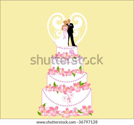 stock vector wedding cake with bride groom and heart topper