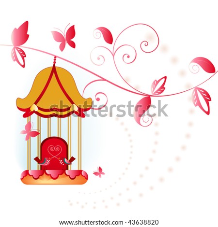 stock vector Whimsical bird cage with birds vine and butterflies