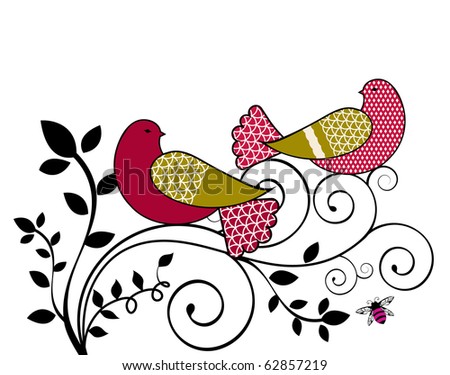 stock vector love birds with vine and bee