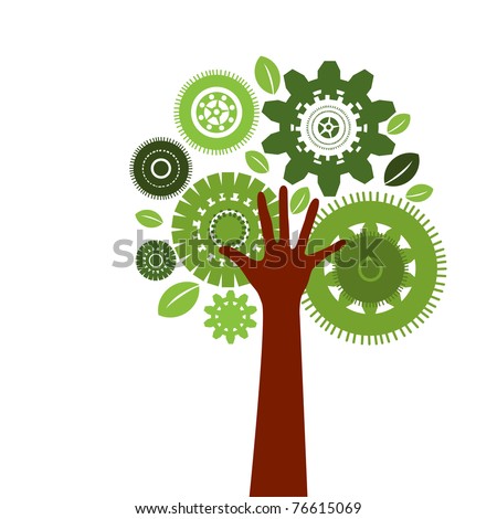 Gear Tree with hand as tree trunk - environment technology concept - stock vector